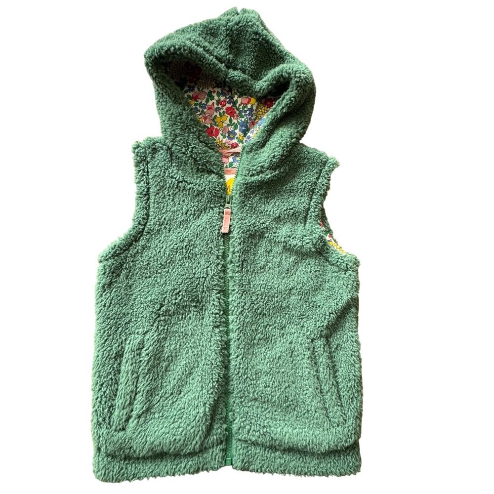 MINI BODEN Hooded Sherpa Vest Girls 6-7 122cm Green Faux Fur Floral Lining Hood